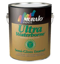 Muralo Ultra Waterborne Semi-Gloss Enamel. it’s water-based (easy clean-up) no odor won’t yellow levels perfectly hardens to a nice sheen.