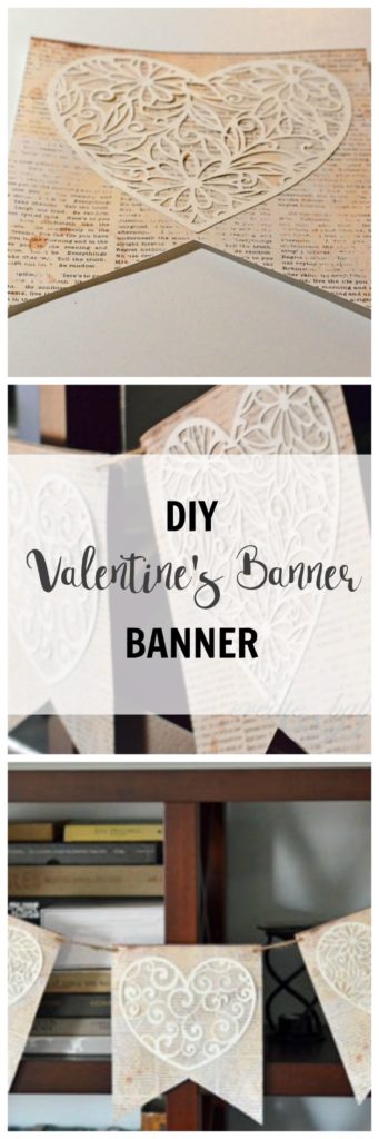 DIY Paper Valentine's Day Banner made with bookpage scrapbook paper and doilies