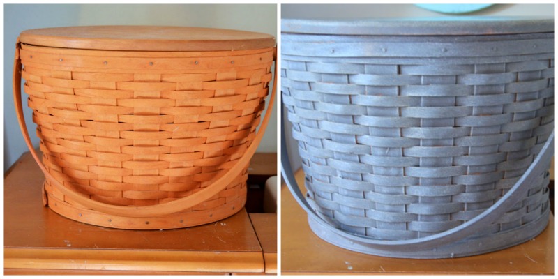 Before and After of a basket that was antiqued with paint and liming wax