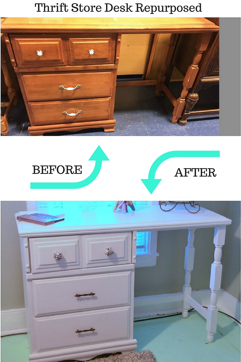 Turn a thrift store desk into a pretty and functional vanity with lots of storage