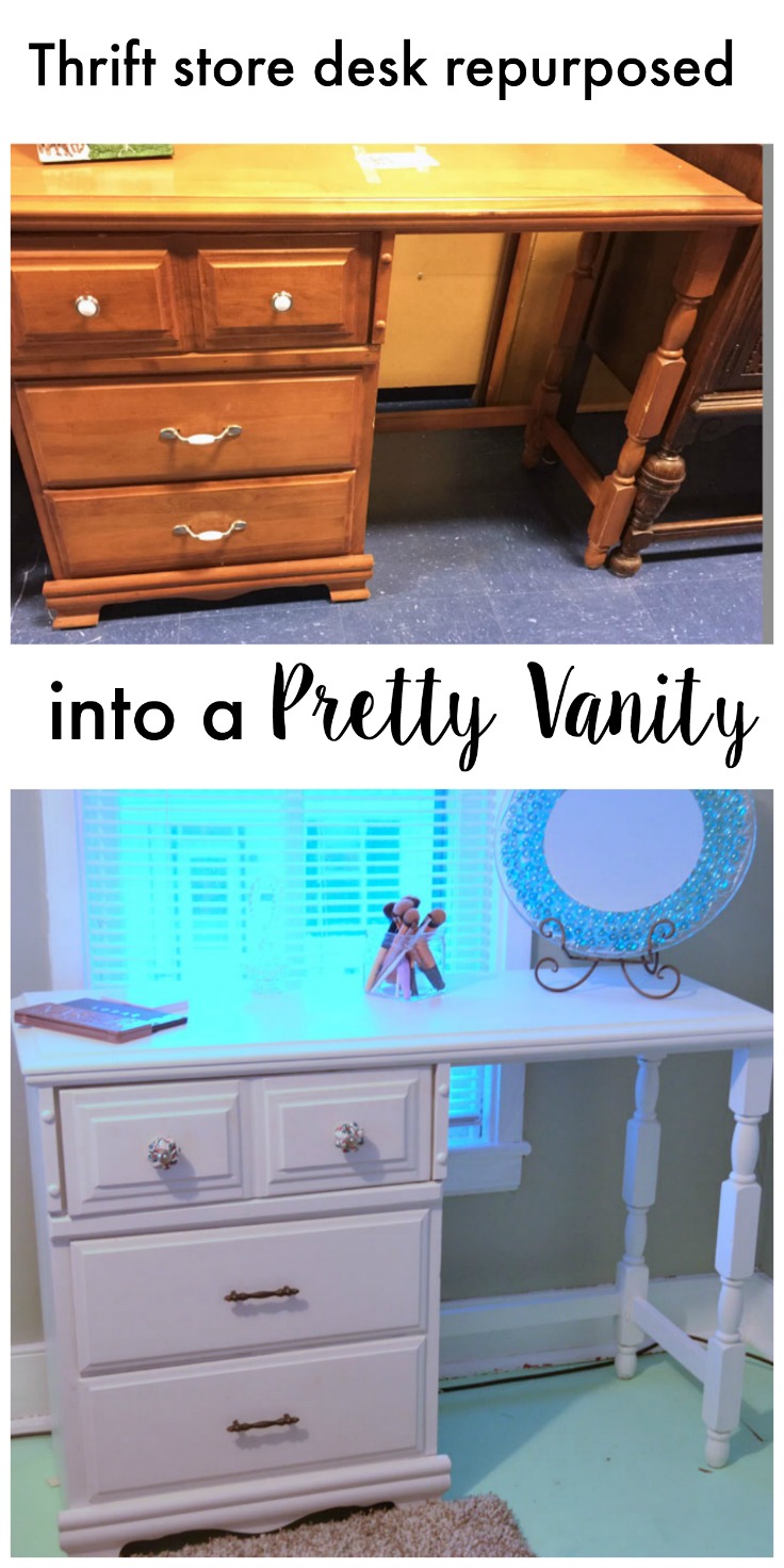 Thrift Store desk repurposed into a pretty vanity