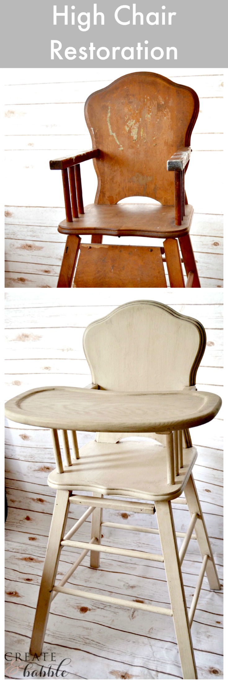 I restored my old high chair with products from the Amy Howard at Home line. I gave it a Toscana finish by layering Toscana Milk Paint in Noir over One Step Paint in Linen. The aged appearance was achieved with the use of furniture glaze.