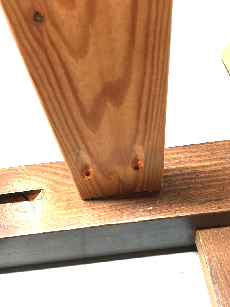 attach the bench frame to the headboard with pocket screws using kreg jig to drill the holes for the pocket screws