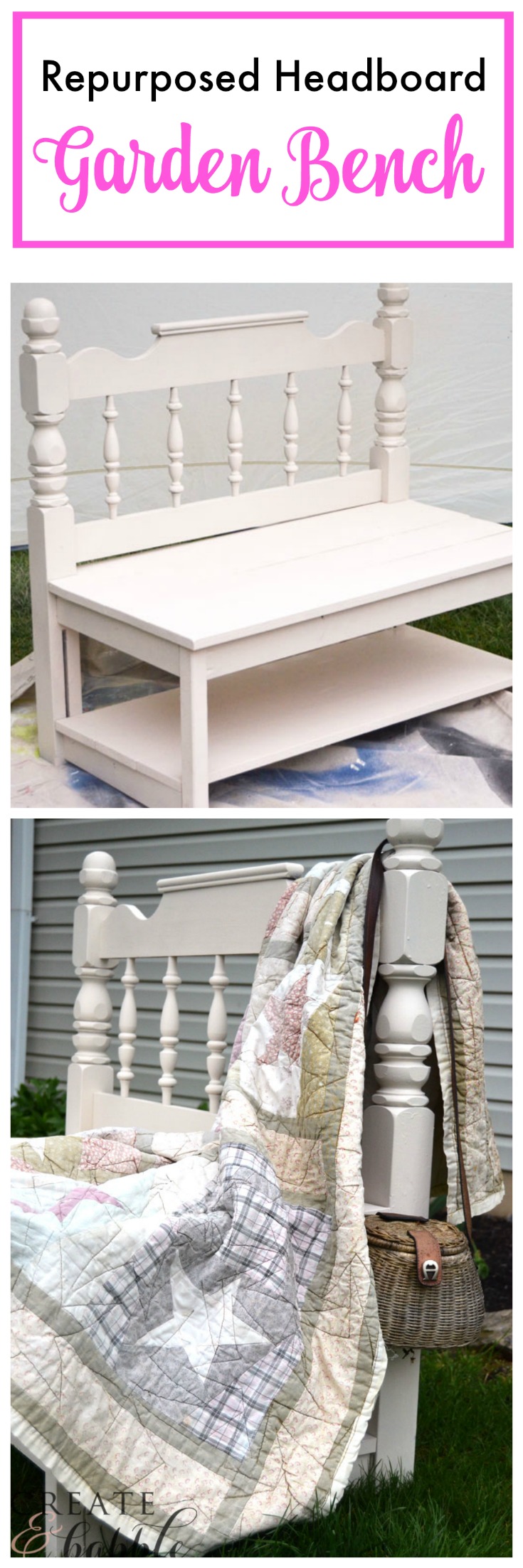 repurposed headboard into garden bench