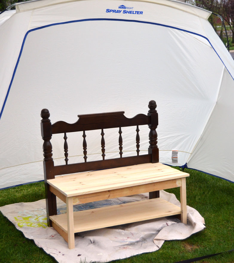 repurposed headboard being made into a garden bench