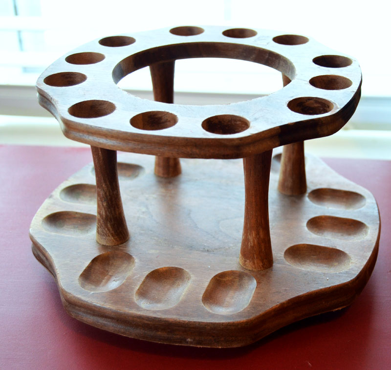 Swap it thrift store item that I received. This is a pipe holder that I need to make into something fabulous. How about a two-tiered stand