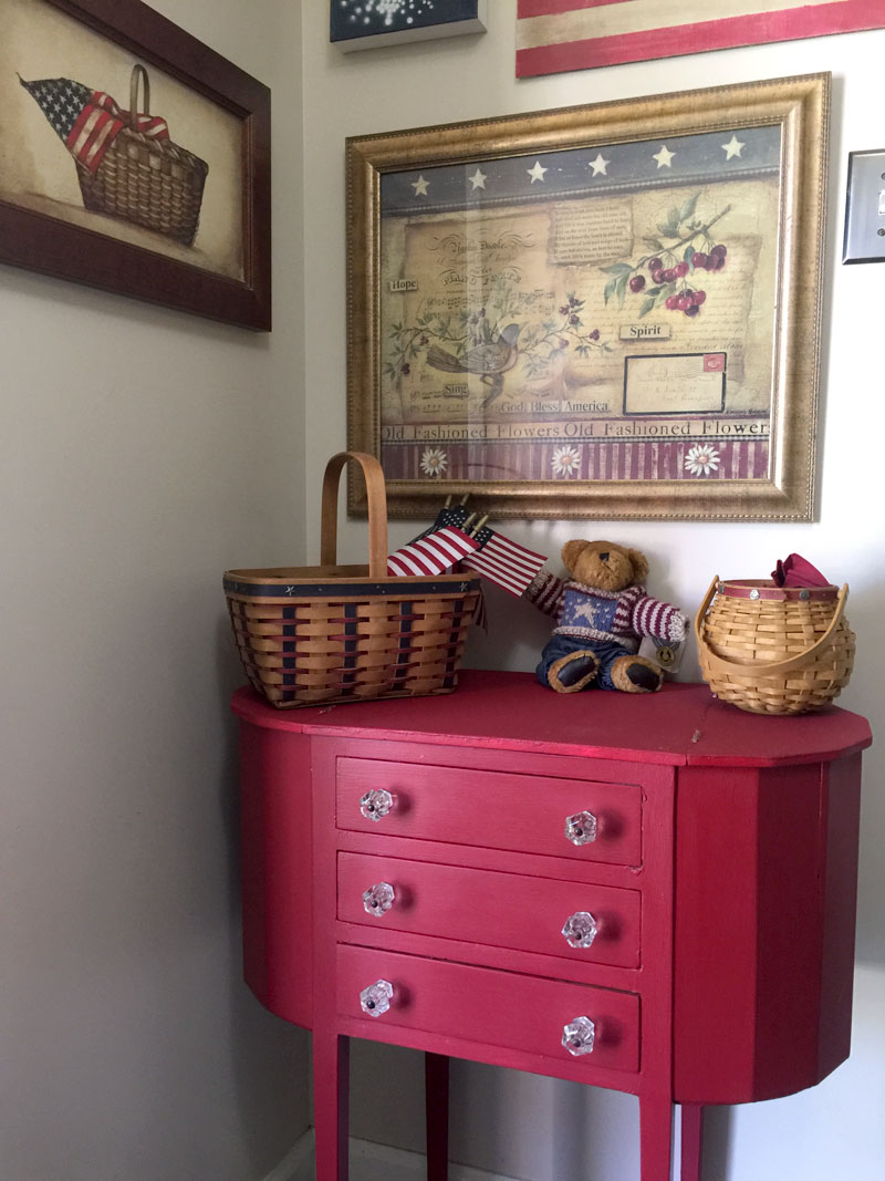 Sewing Cabinet Makeover with red chalky finish paint fits into a red, white and blue vignette