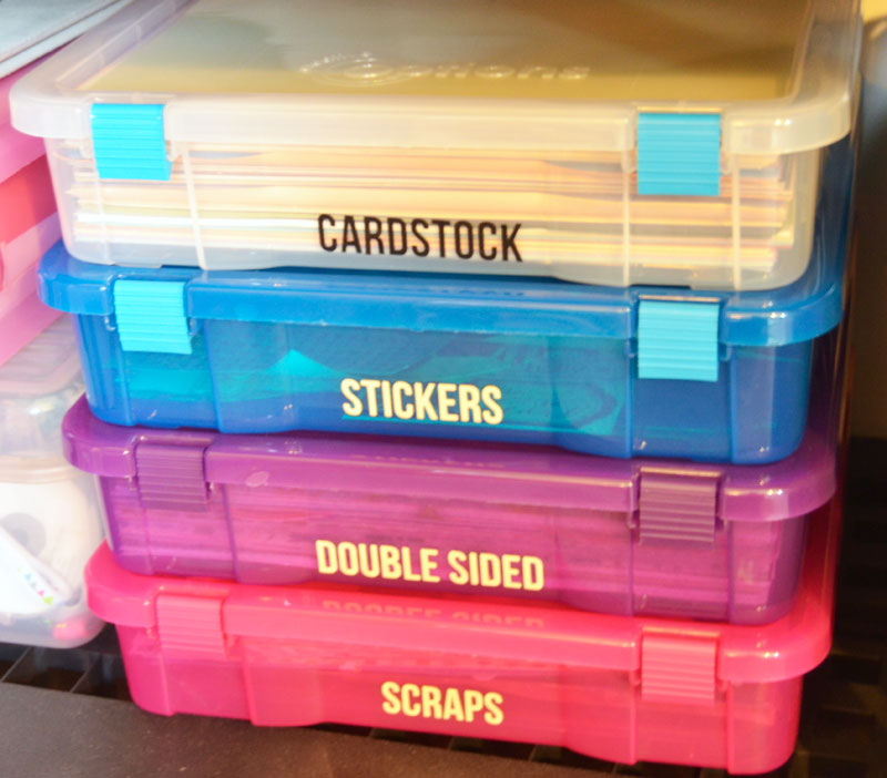 labeled storage bins for scrapbook paper and card stock help you get organized with labels
