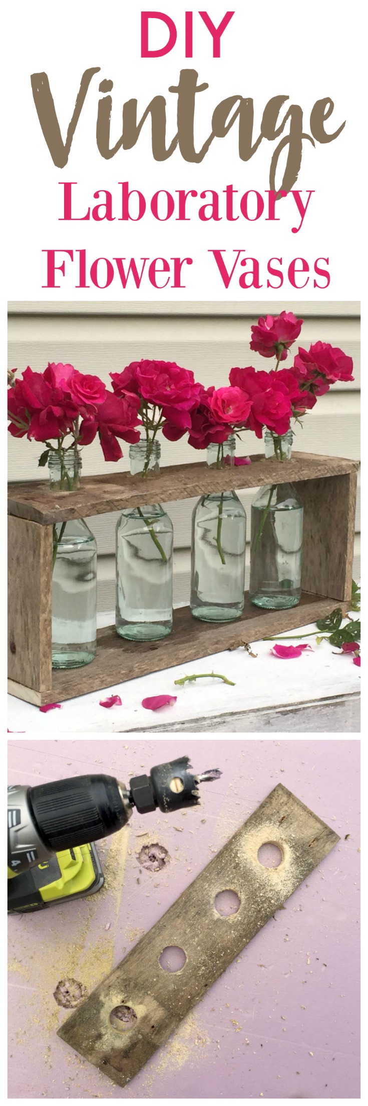 DIY Vintage Laboratory Flower Vases in a wooden rack