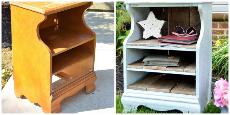 before and after of a side table makeover