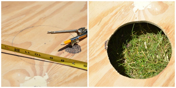 mark the holes on the corn hole boards with a compass and then cut with a jig saw