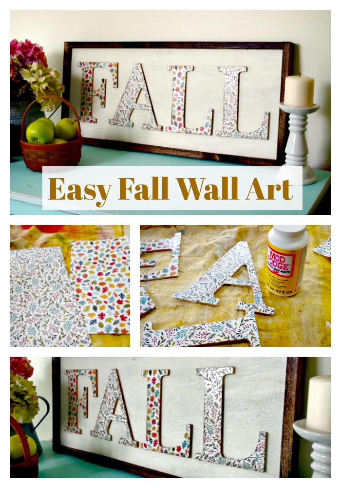 Easy DIY Fall Wall Art is made with wooden letters, scrapbook paper and mod podge